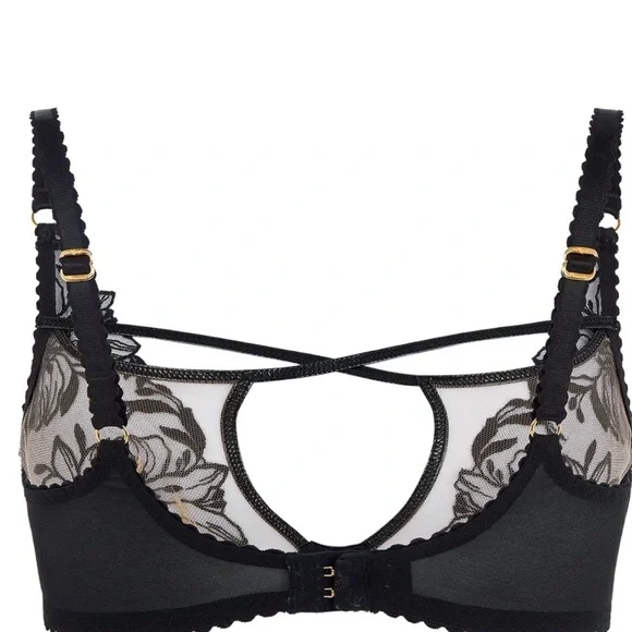 Agent Provocateur Black Floral Lace Bra 36B Scallop Strap Leather Look Detail - Picture 3 of 7